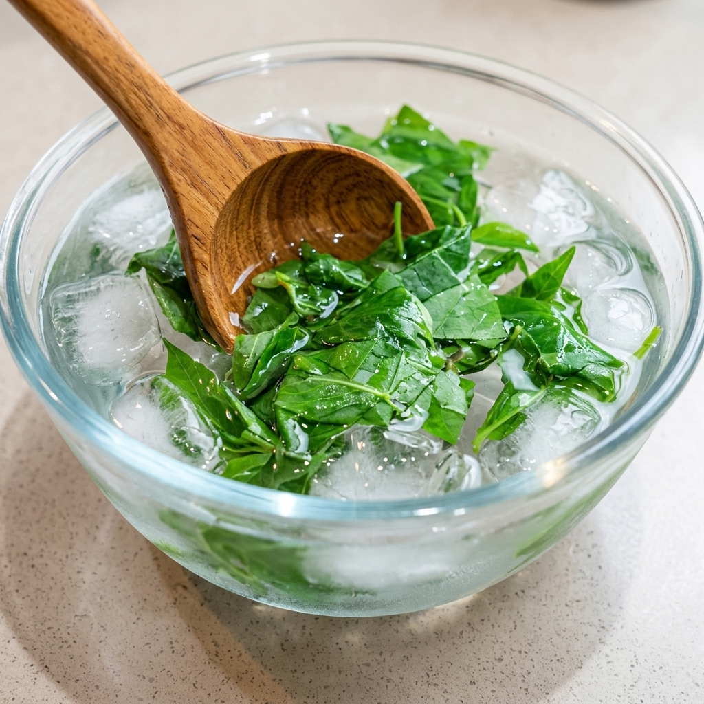 Blanched basil leaves sitting in a glass bowl filled with ice water and a wooden spoon.