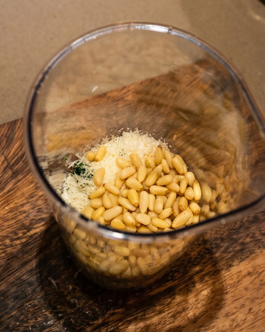 A blender container filled with pesto ingredients, with a clear view of the pine nuts, cheese, and herbs waiting to be blended.