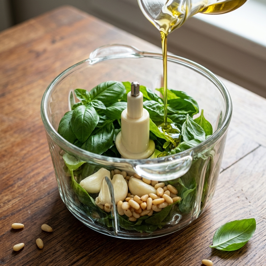 Fresh basil, garlic cloves, and pine nuts in a glass food processor bowl while olive oil is poured from above.