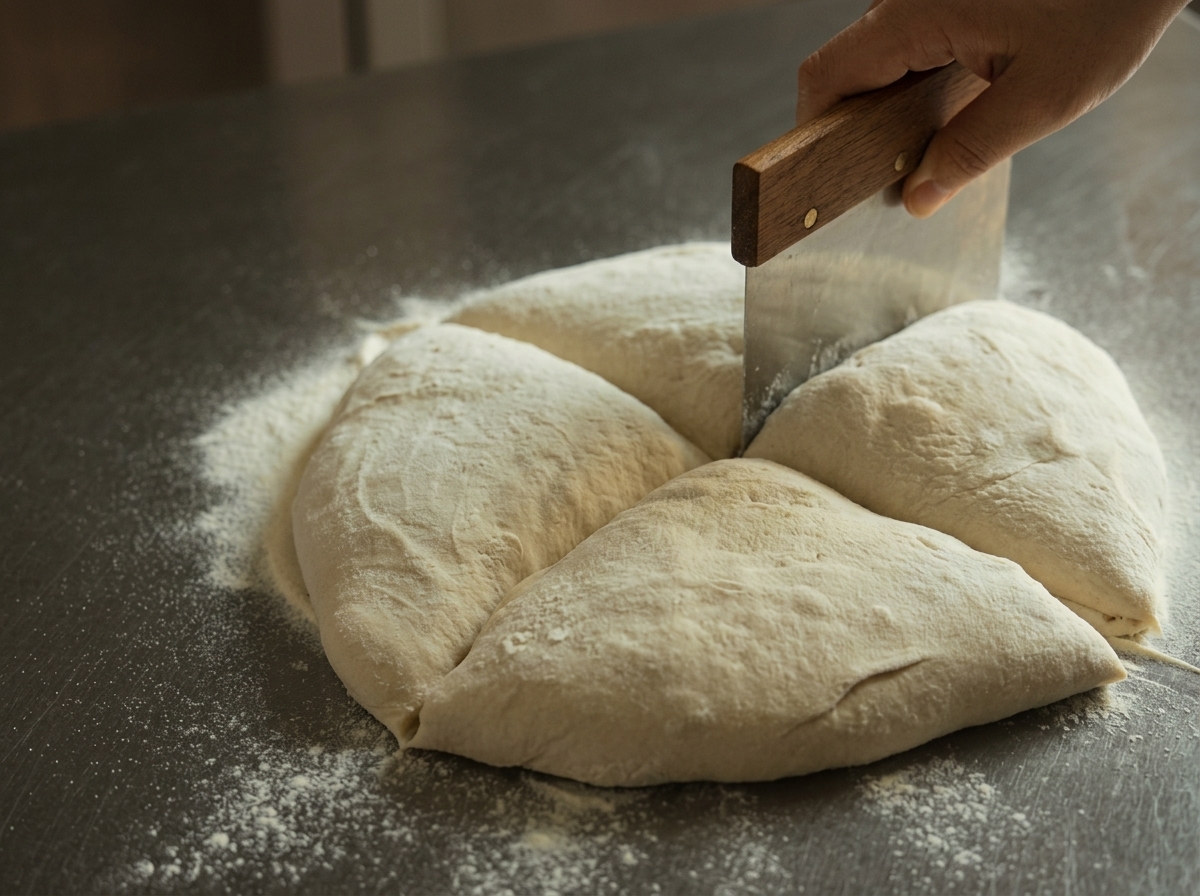 A large mound of dough being cut into four quarters with a metal dough scraper on a floured stainless surface.