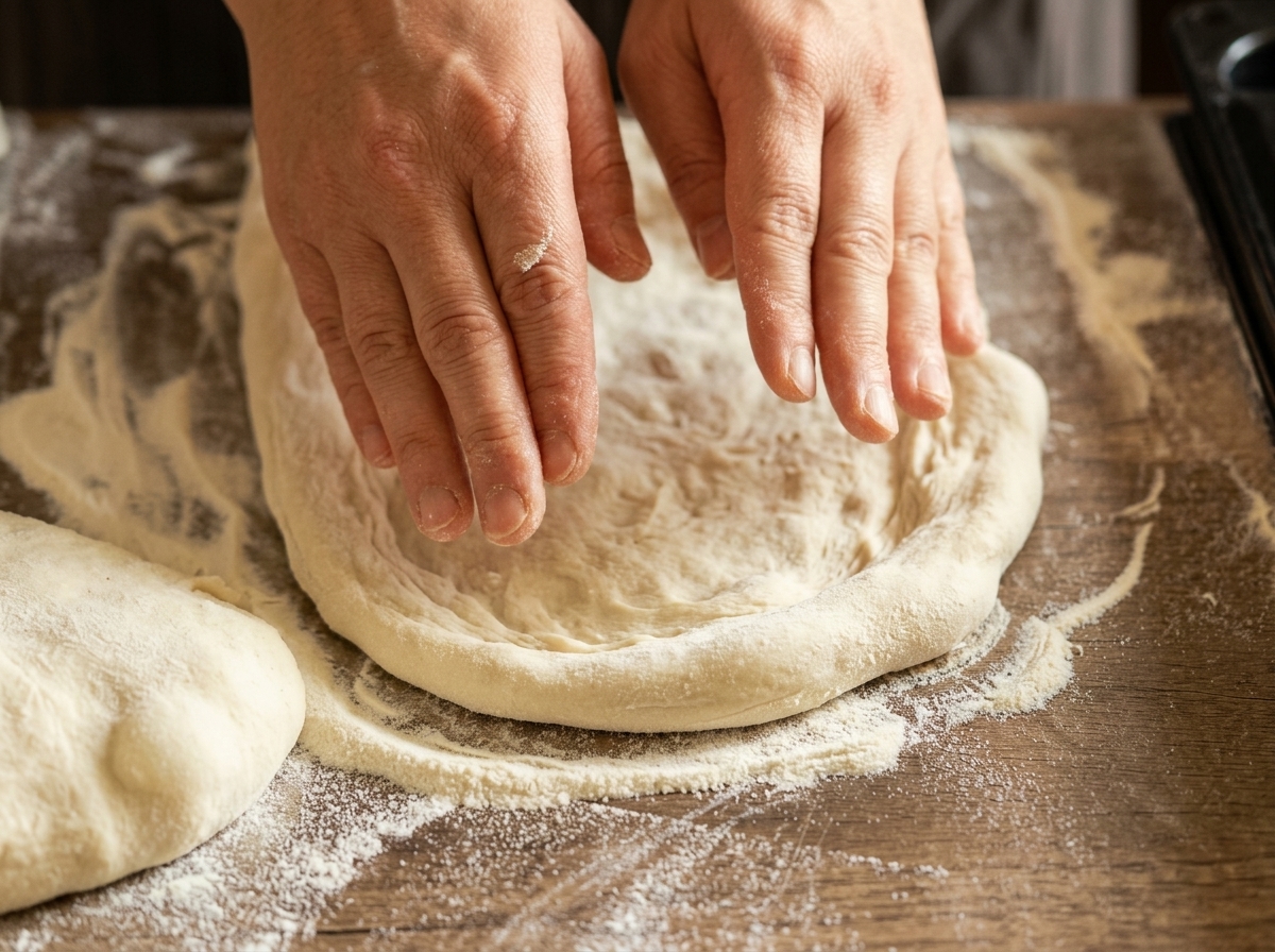 Two hands gently stretching and shaping a piece of pizza dough into a circle on a wooden board.
