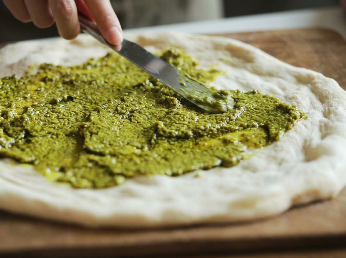 A hand using a metal spatula to spread bright green basil pesto evenly over a raw circular pizza dough.