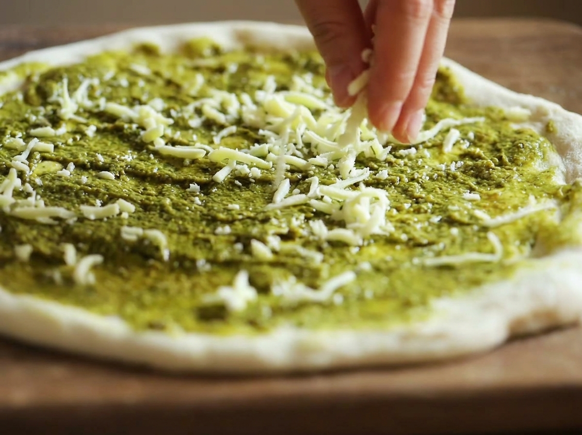 Fingers sprinkling white shredded mozzarella cheese evenly across a pesto-covered pizza crust.