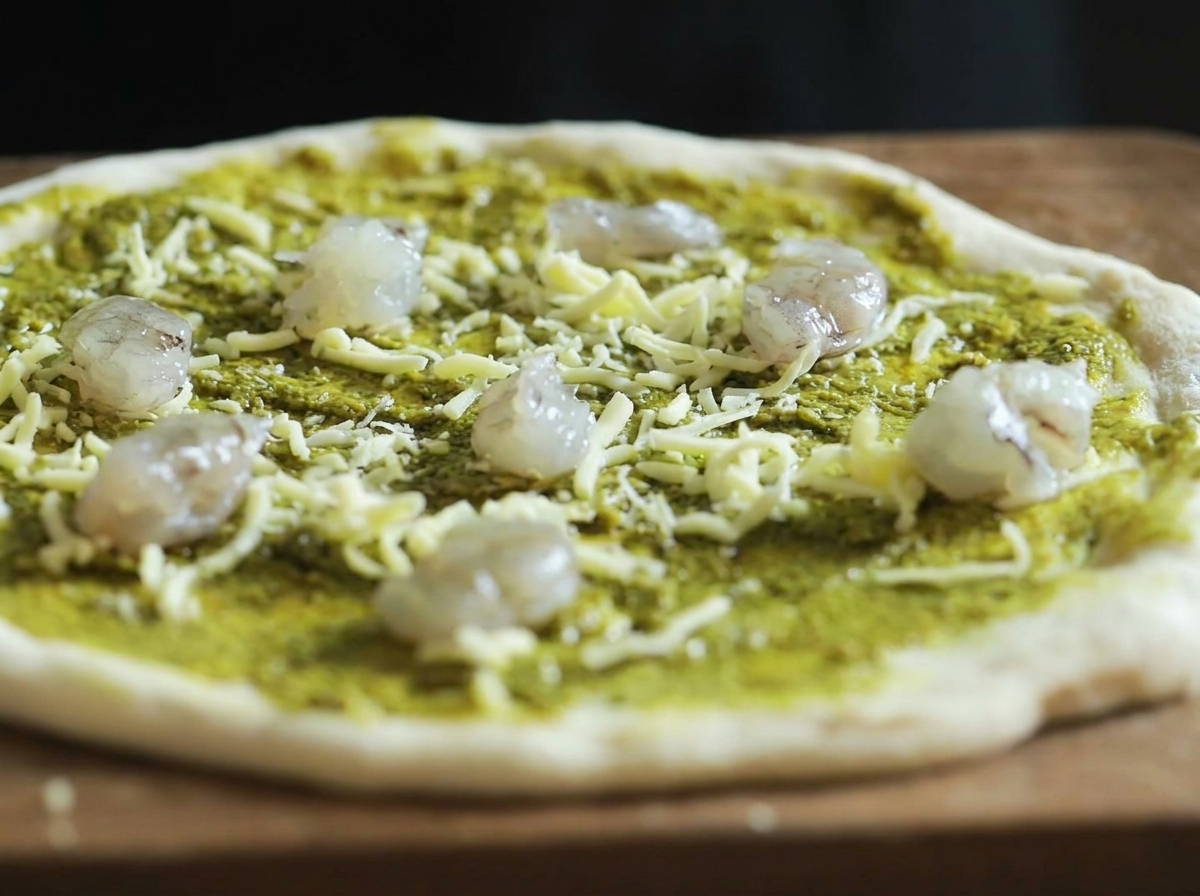 The pizza base covered in green pesto and shredded mozzarella, with several raw shrimp pieces arranged on top.