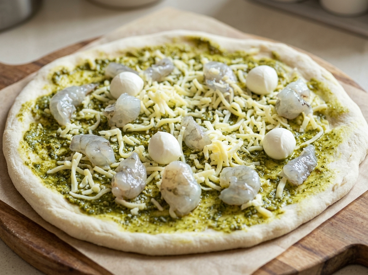 The pizza assembled with pesto, shrimp, shredded mozzarella, and fresh mozzarella balls ready for the oven.