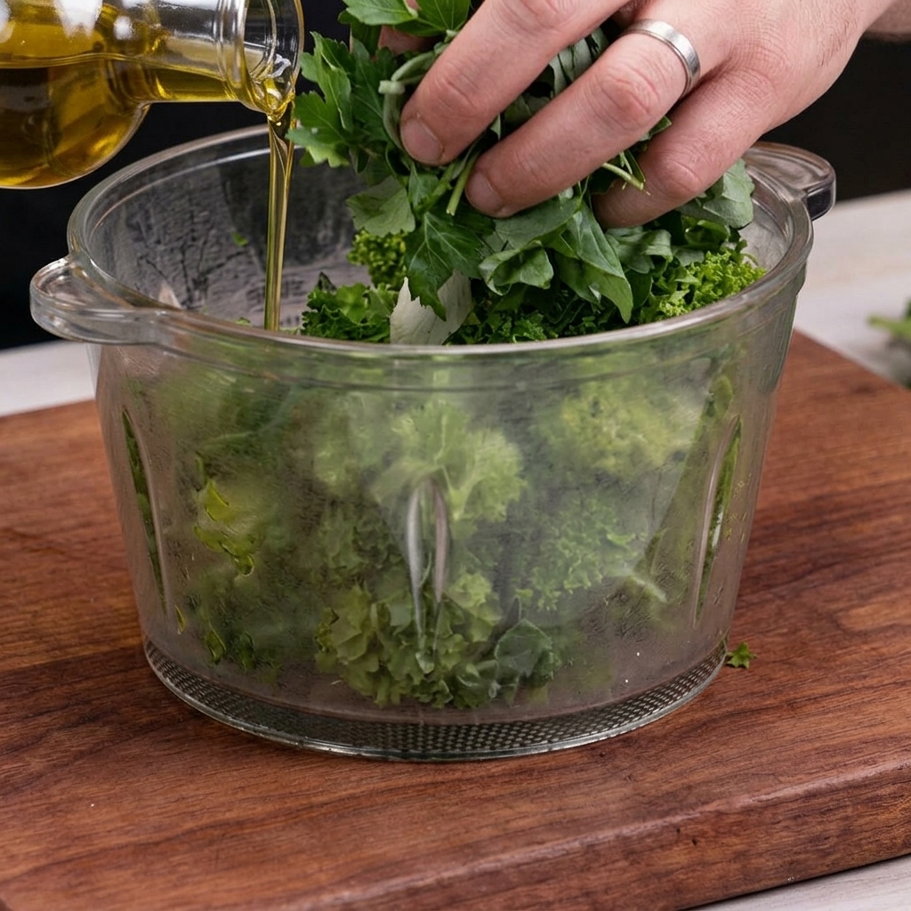 Fresh herbs, garlic, nuts, and cheese inside a food processor bowl ready for blending.