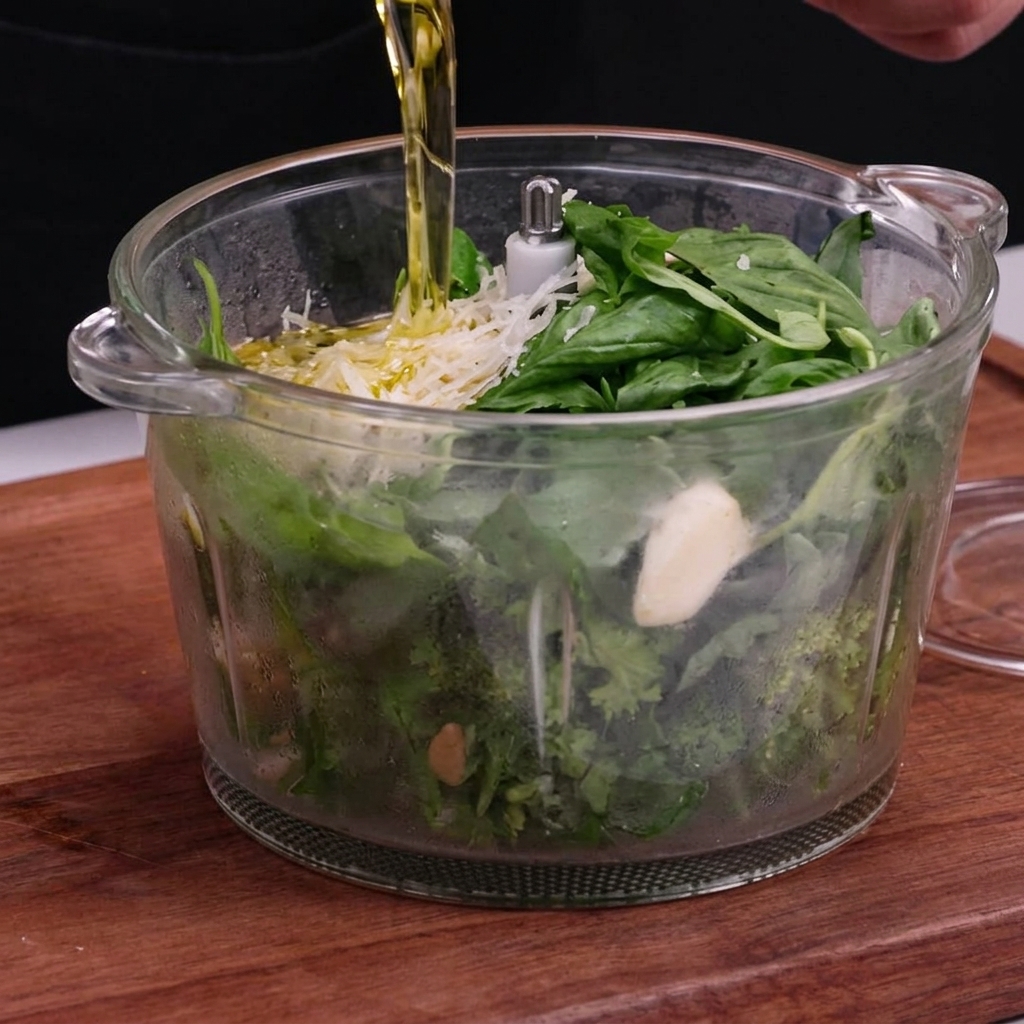 Homemade green pesto being processed into a smooth, thick paste.
