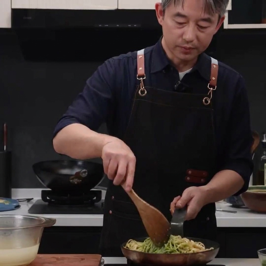 A person using a wooden spatula and a metal spatula to toss spaghetti and pesto in a frying pan.