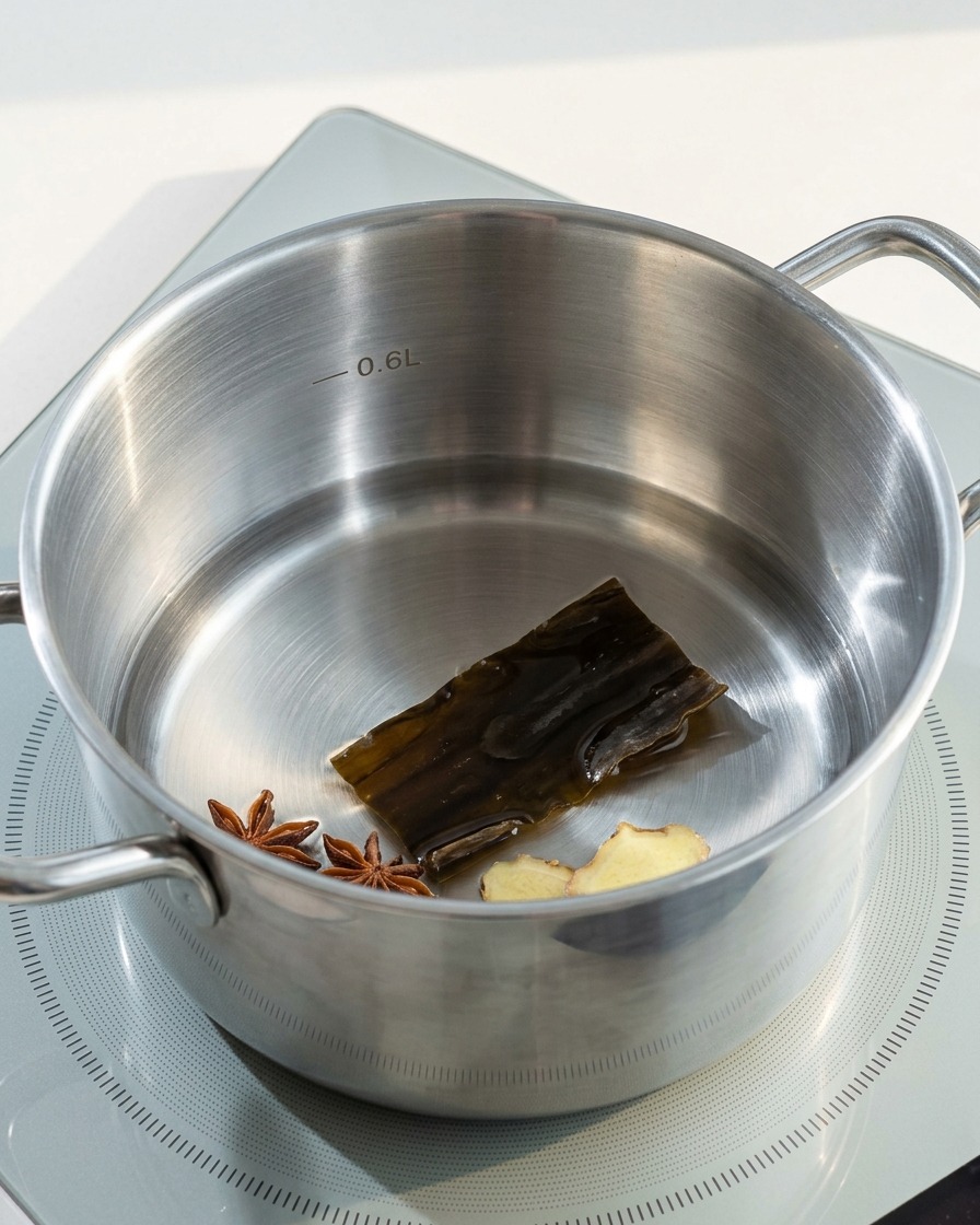 A piece of kombu kelp soaking in a stainless steel pot of water.