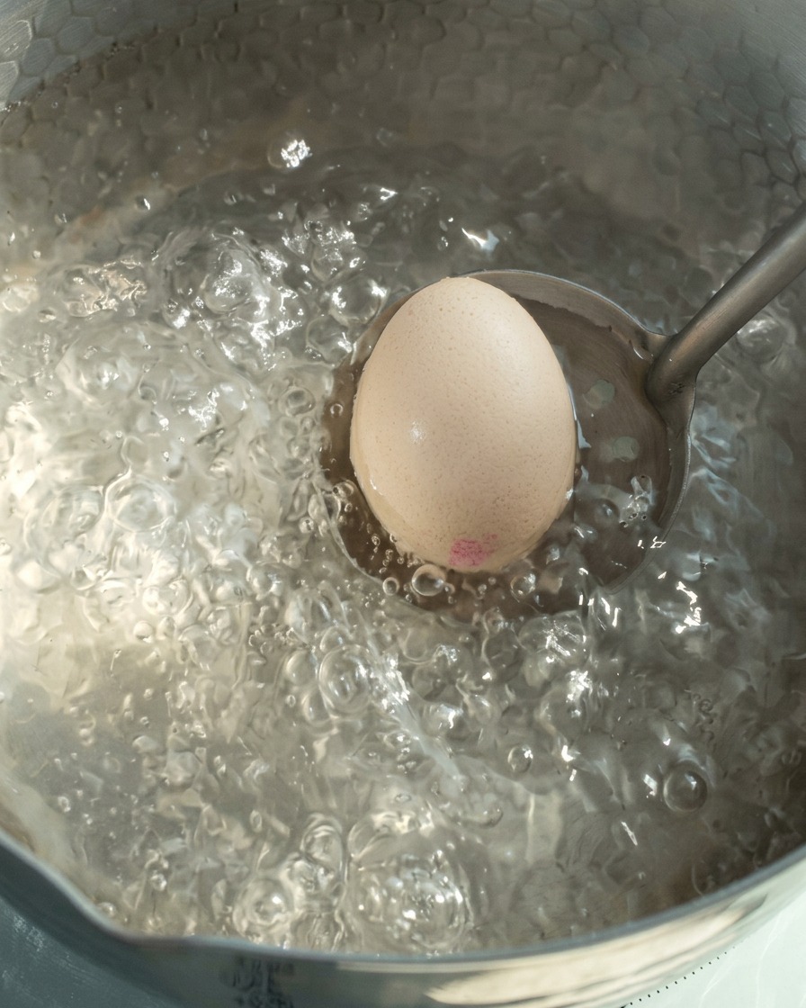A whole egg being gently lowered into a pot of bubbling boiling water using a metal ladle.