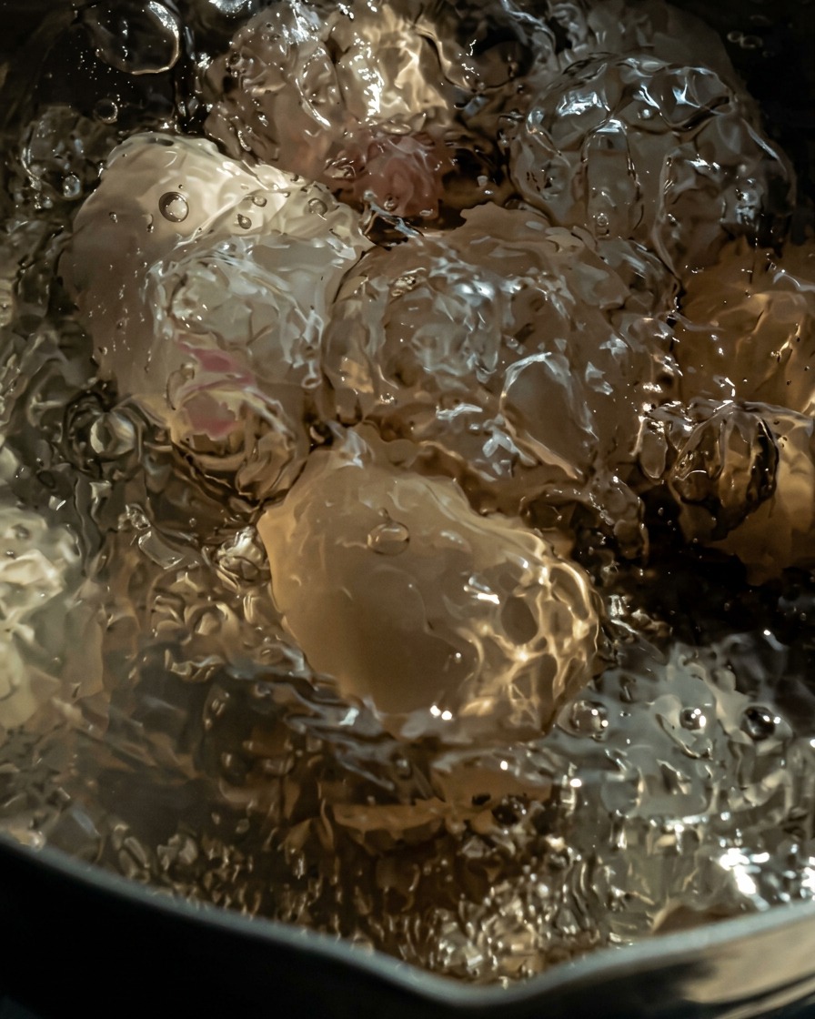 Hard-boiled eggs cooling rapidly in a bowl filled with ice water.