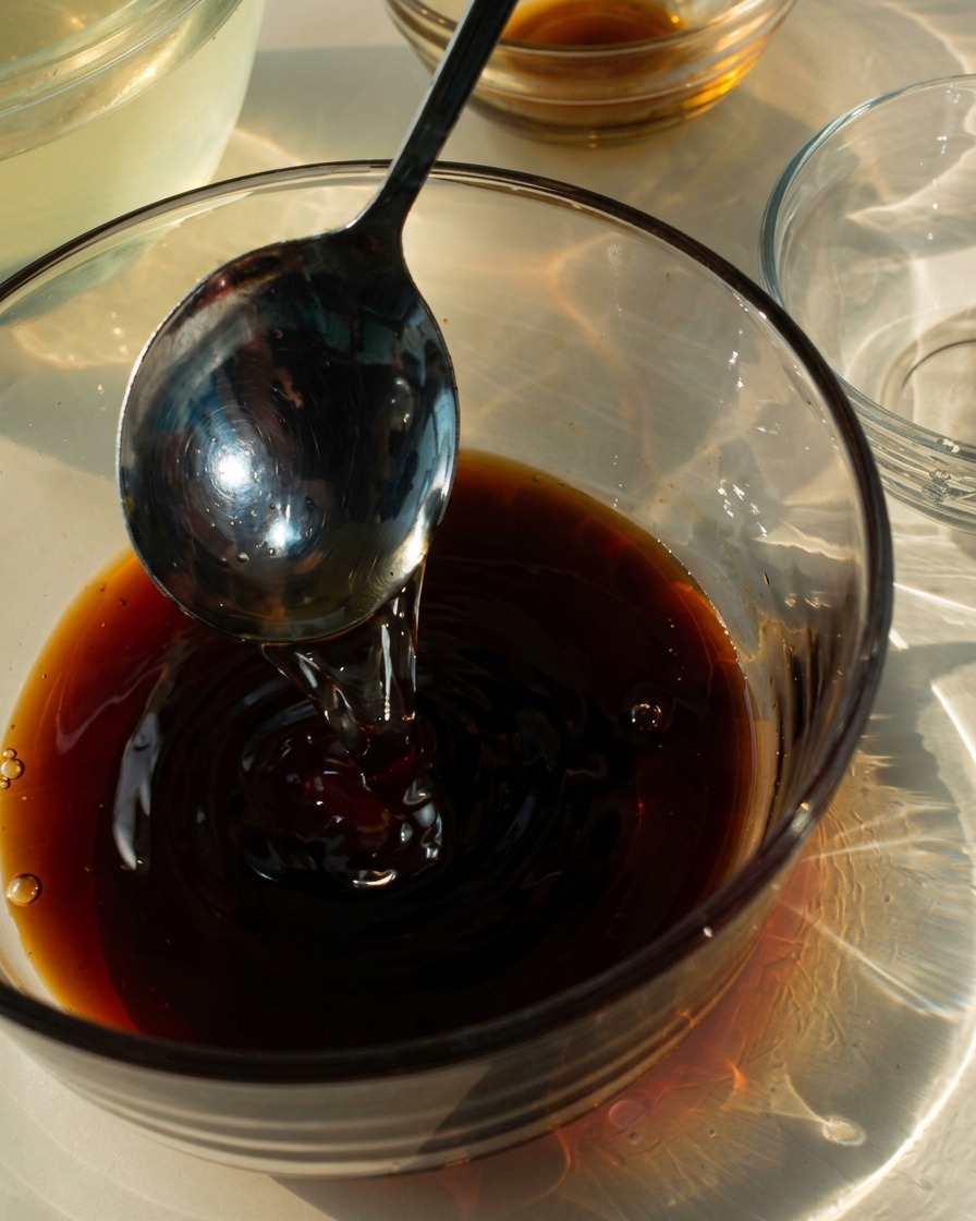 A dark soy-based marinade being stirred with a metal spoon in a clear glass bowl.