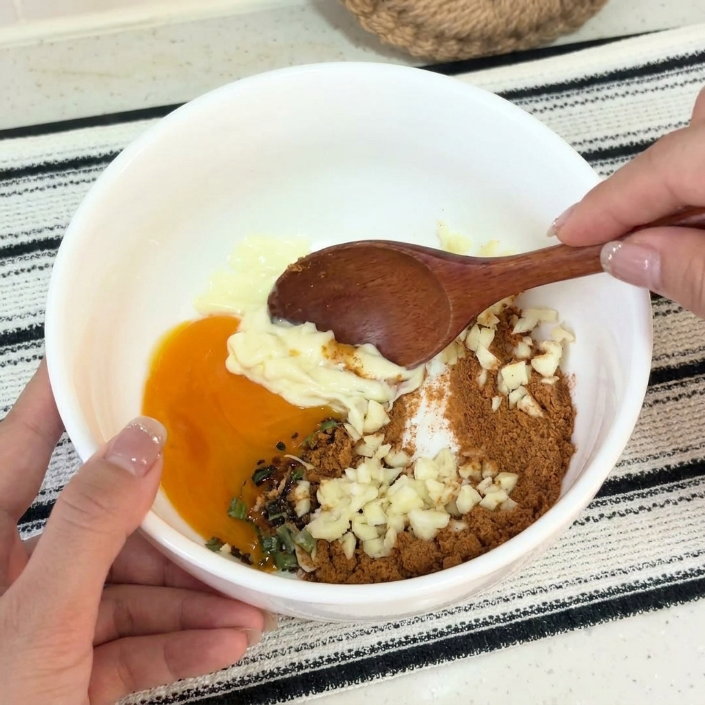 Minced garlic, a raw egg yolk, seasoning powder, and mayonnaise sitting together in a white bowl with a wooden spoon.