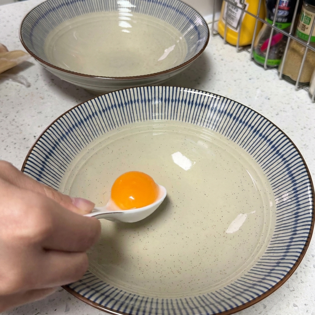 A single, vibrant raw egg yolk sitting in a clean ceramic serving bowl.