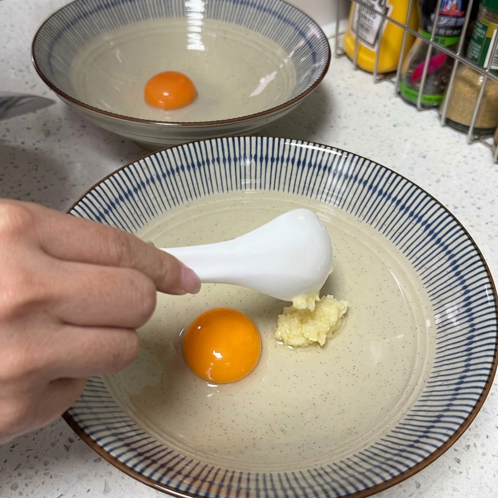 A bowl containing a raw egg yolk with a pile of minced garlic added next to it.