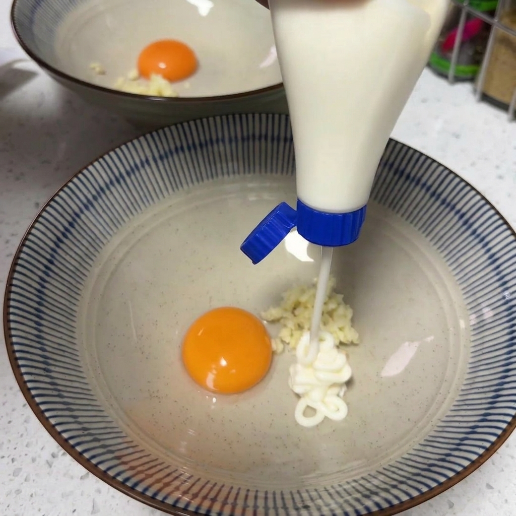 Instant noodle seasoning being squeezed from a packet into a bowl with a raw egg yolk, minced garlic, and mayonnaise.