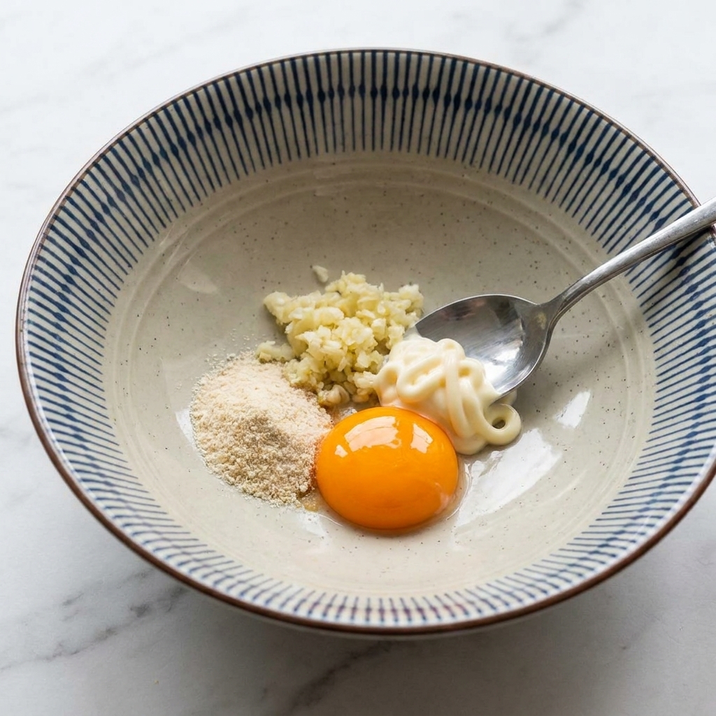 A spoon mixing egg yolk, garlic, mayonnaise, and seasoning powder together in a bowl.