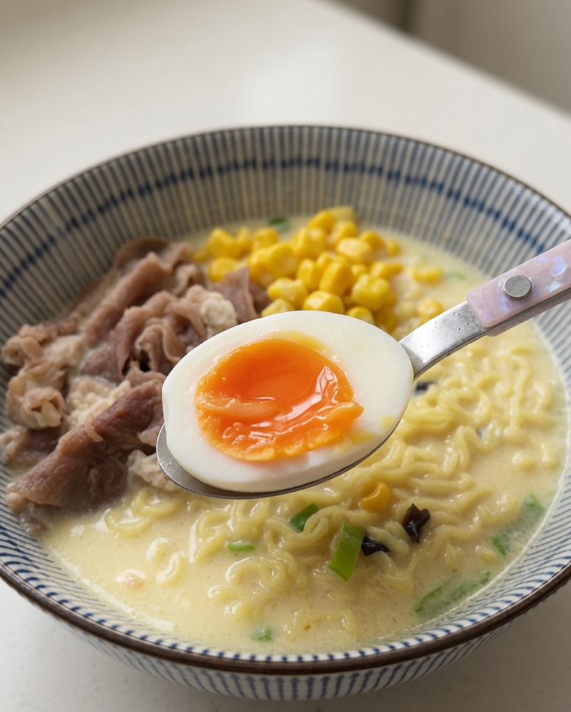 Halved soft-boiled eggs with a perfect jammy orange yolk being placed into a ramen bowl.
