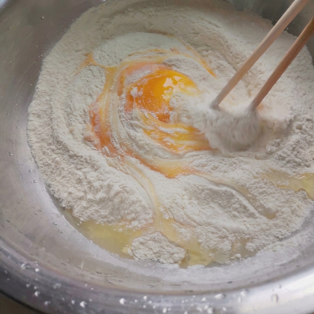 A raw egg being mixed into a large bowl of flour using a pair of wooden chopsticks.