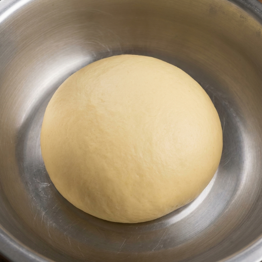 A smooth, round ball of prepared dough resting in a stainless steel bowl.