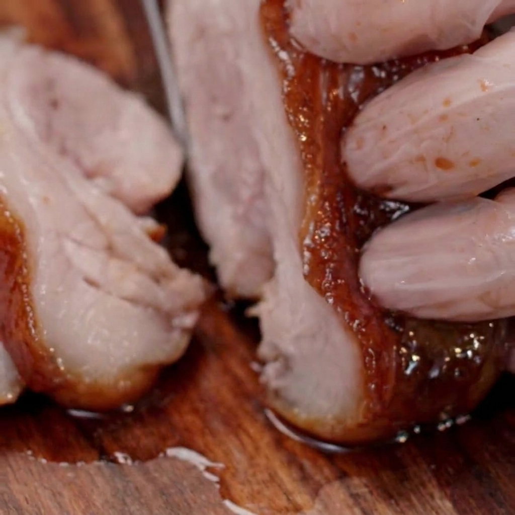 A piece of rolled pork belly being wrapped with string.