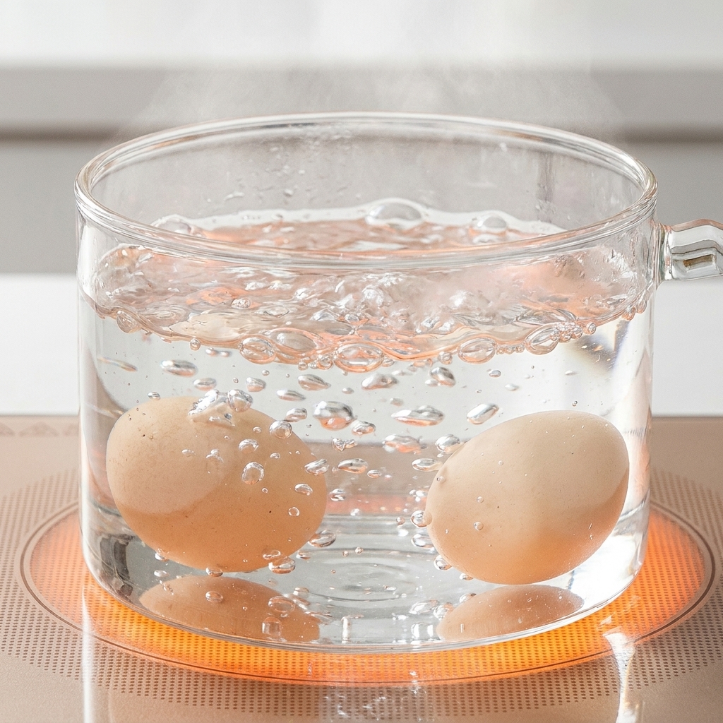 Two eggs submerged in boiling water within a clear glass pot on a stovetop.