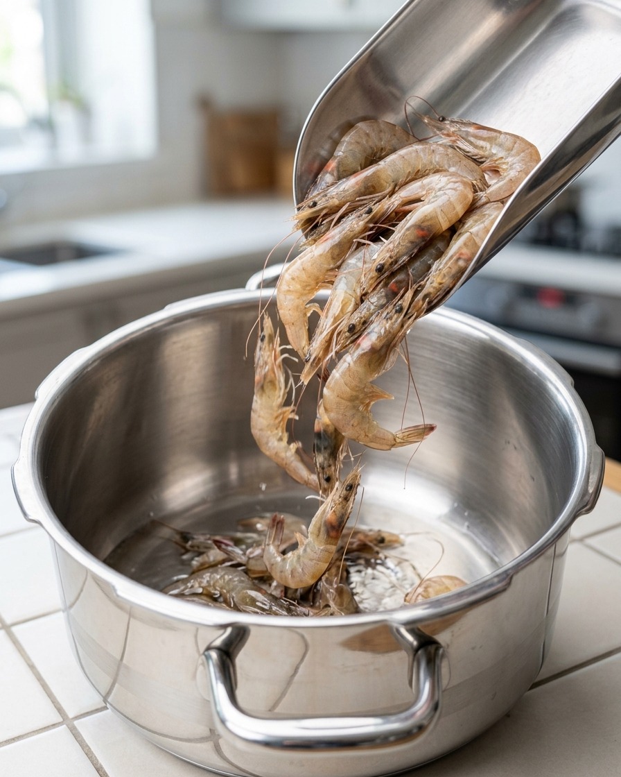 Fresh shrimp heads and shells being added to a hot pot of oil.