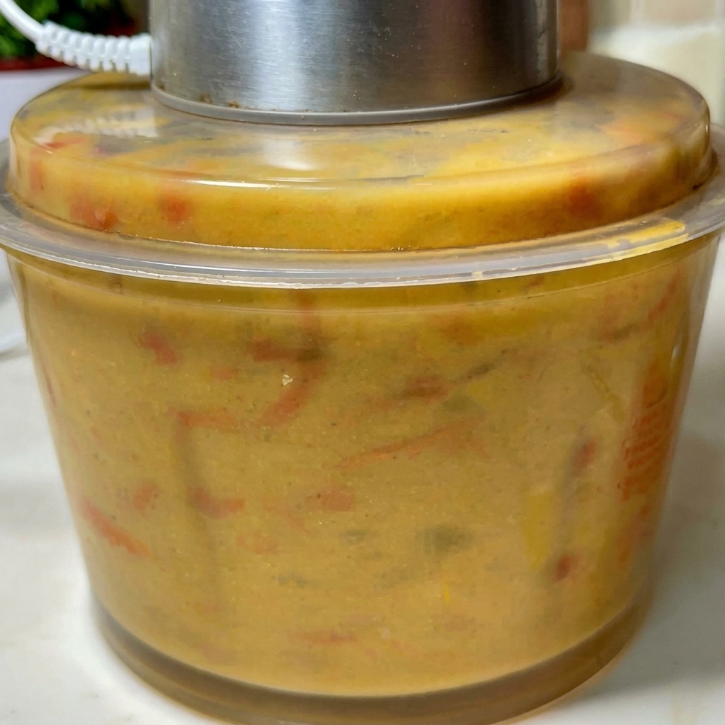 A food processor filled with a thick, orange-colored shrimp shell and broth puree.