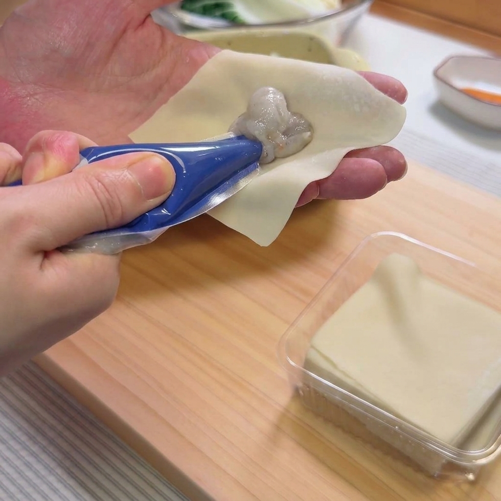 A hand shaping a wonton by gathering the wrapper edges to seal the filling inside.