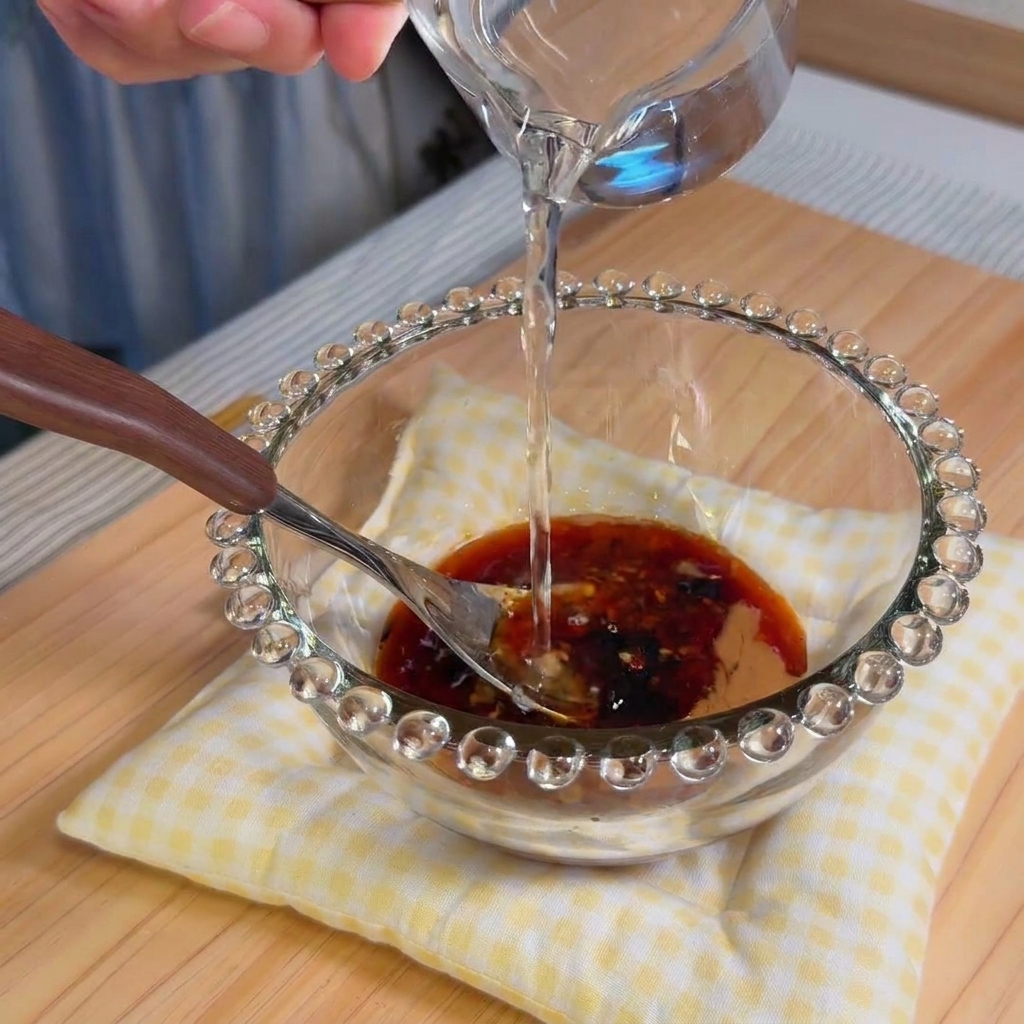 Water being slowly incorporated into a thick sesame sauce mixture while whisking to create a smooth sauce.