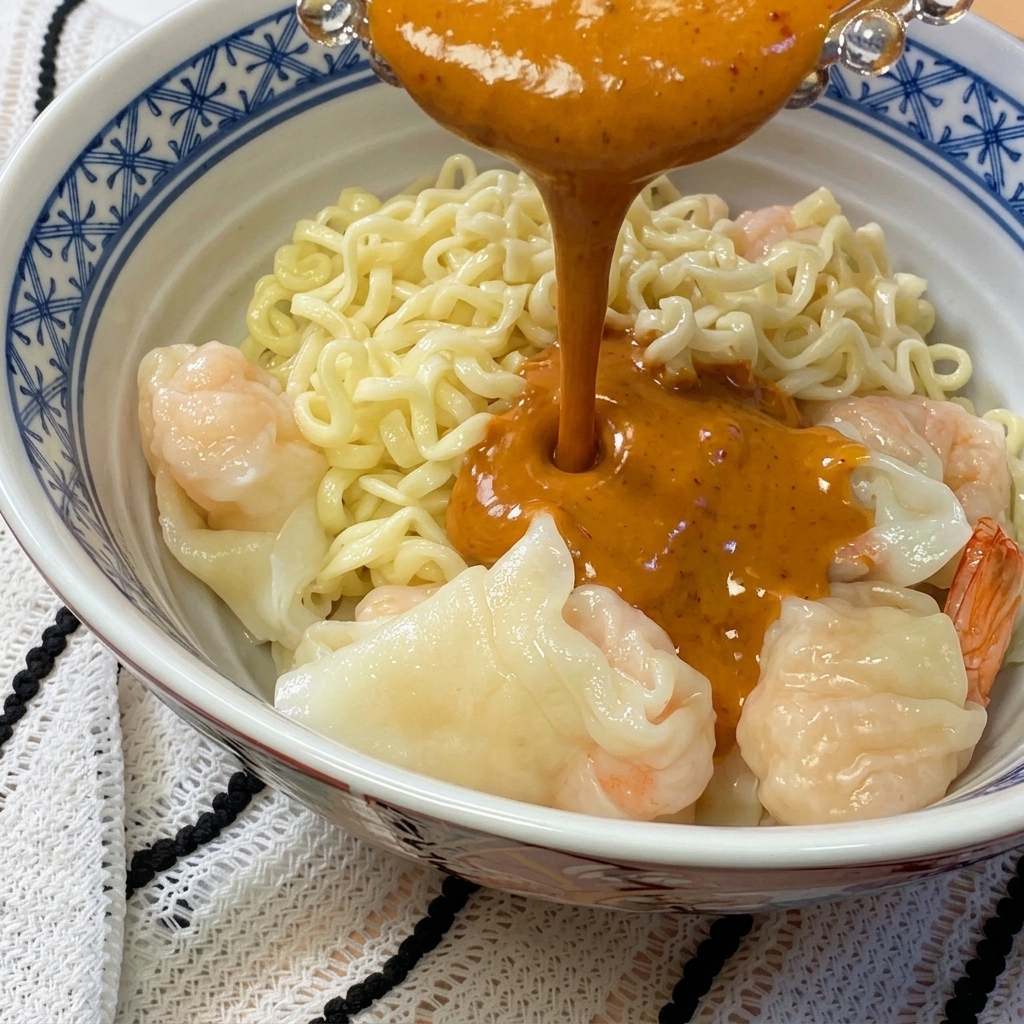 A close-up of a ladle pouring thick, spiced sesame sauce onto a bowl of cooked noodles topped with shrimp wontons.