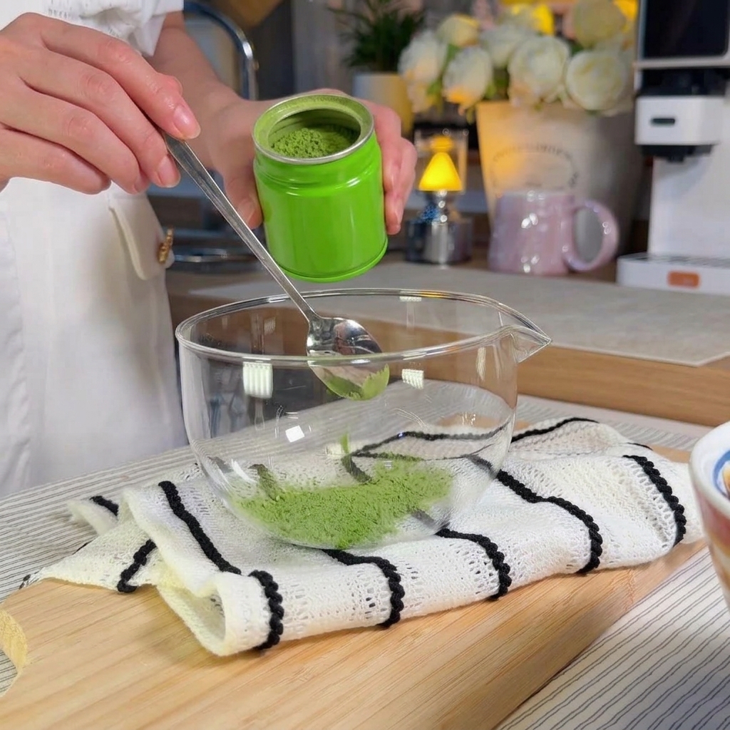 A person whisking green matcha powder with warm water in a clear glass container to create a smooth concentrate.