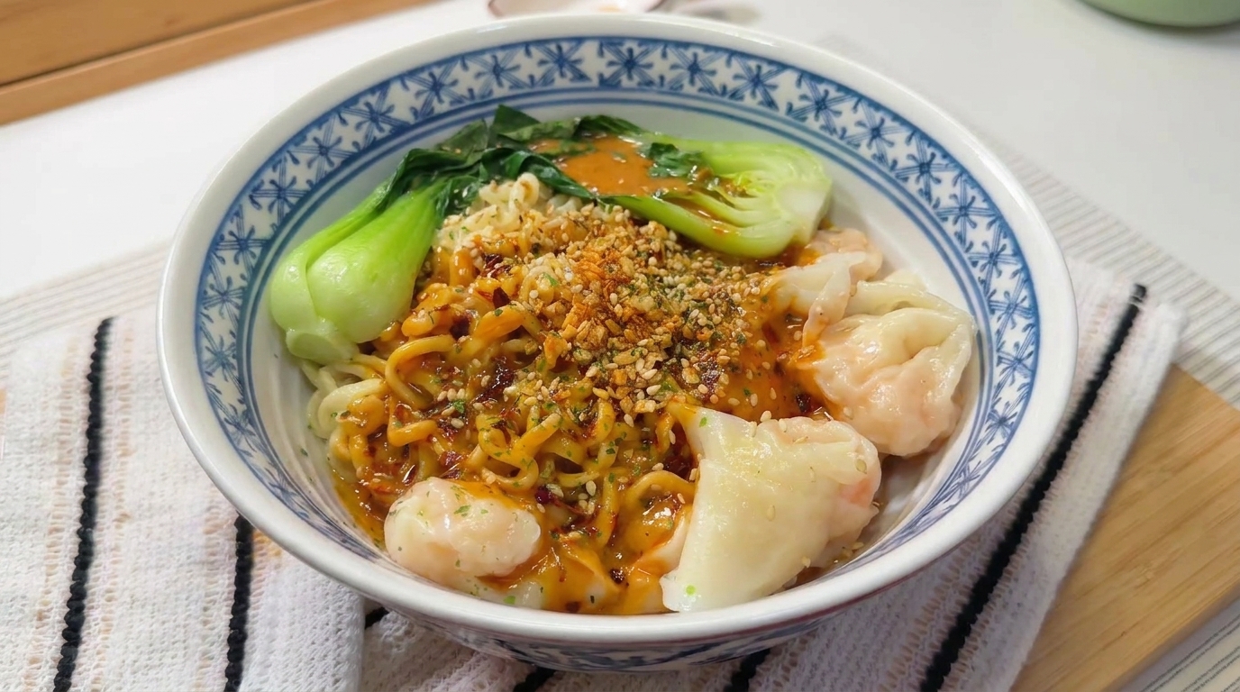 Spicy Sesame Paste Shrimp Wonton Noodles