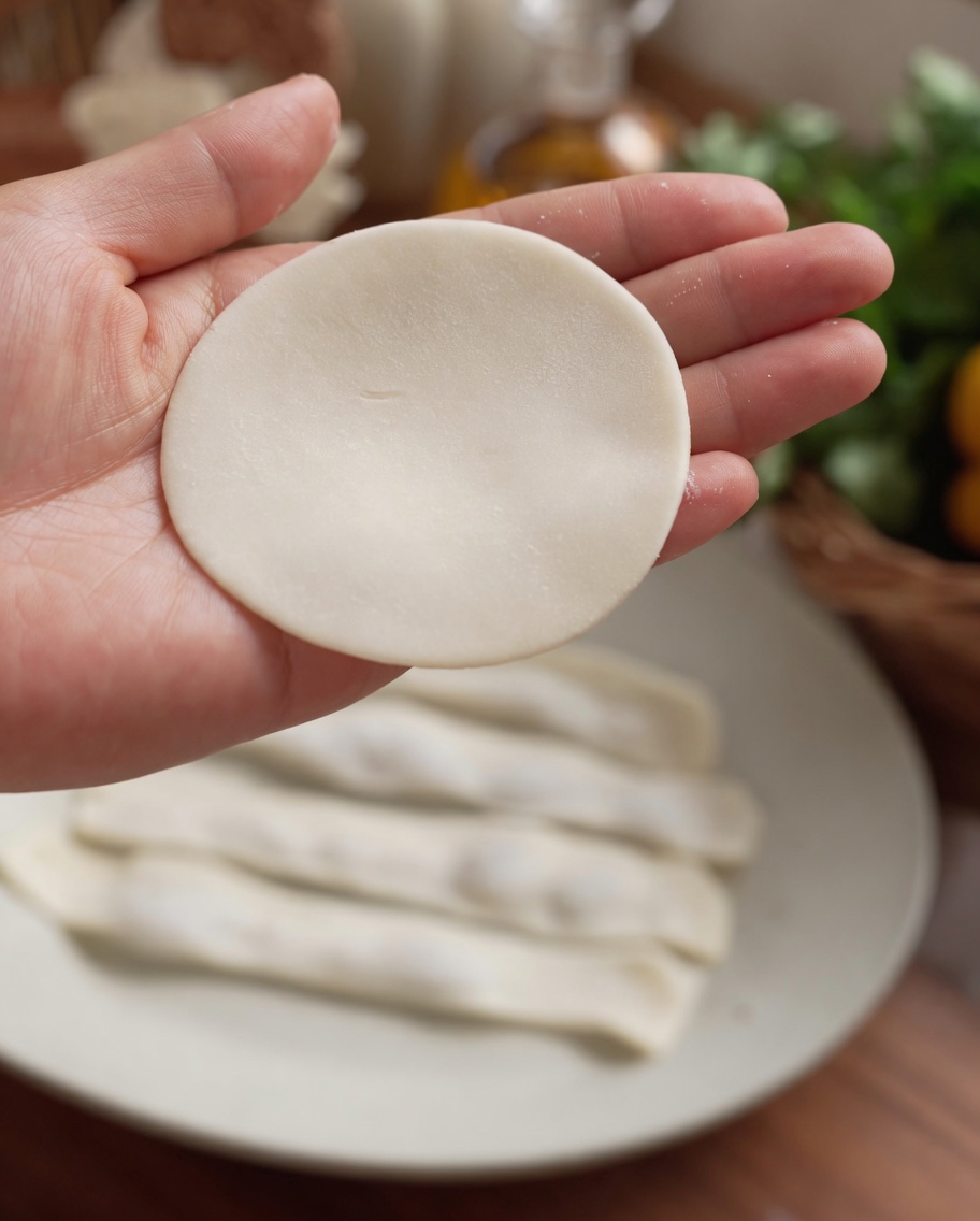 A close-up of a hand holding a dumpling wrapper with a small amount of water applied to the edge.