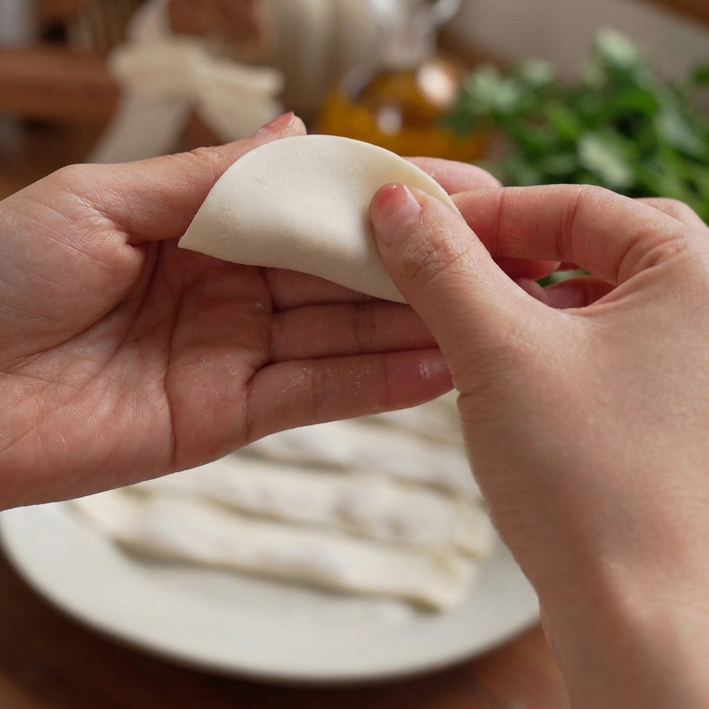 Hands folding and sealing a dumpling wrapper over a shrimp paste filling.