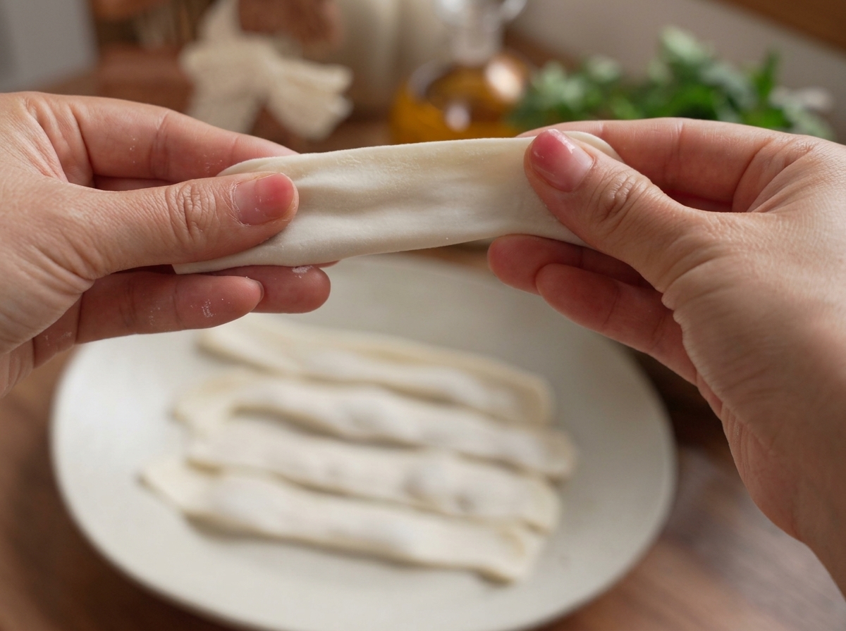Hands carefully stretching a sealed dumpling into a long, flat noodle shape.