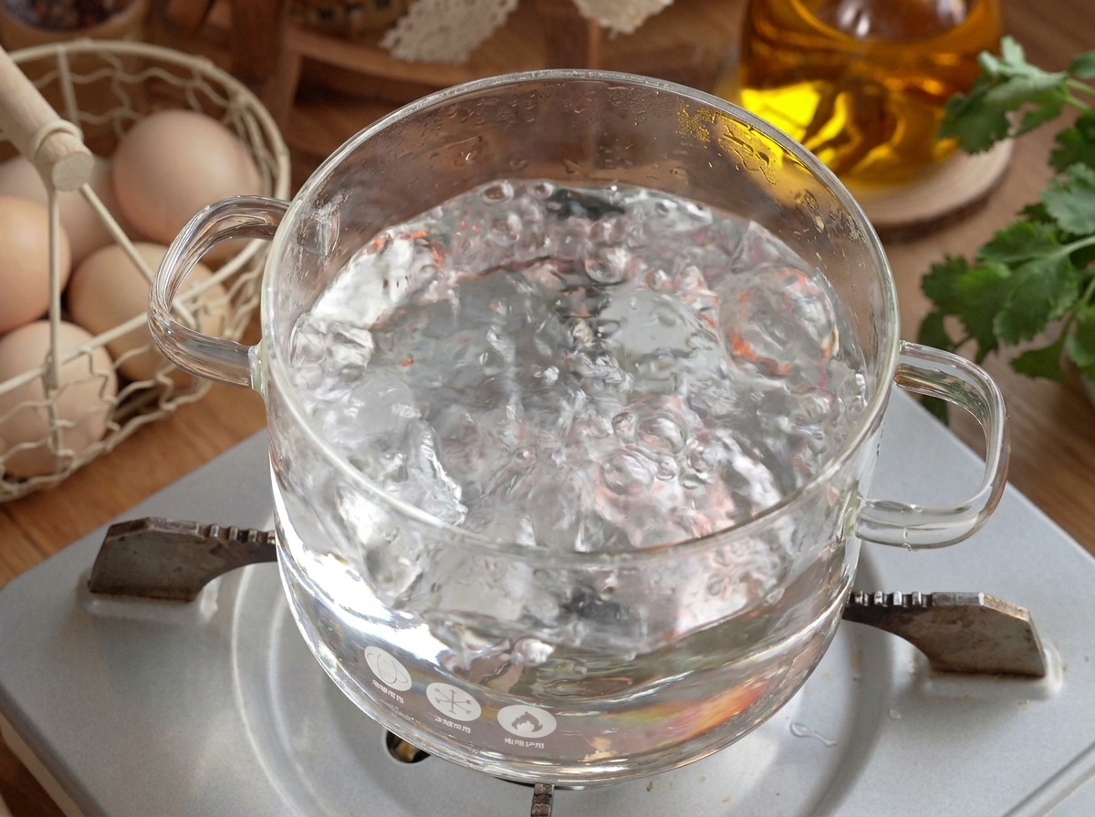 Freshly pulled shrimp paste noodles being submerged in a pot of boiling water.
