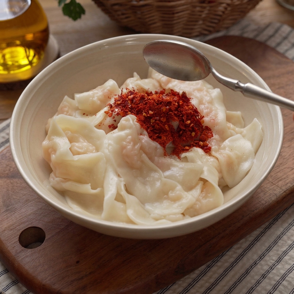 A bowl of cooked wide shrimp paste noodles topped with piles of red chili powder, white sesame seeds, and minced garlic, with a spoon resting on the rim.