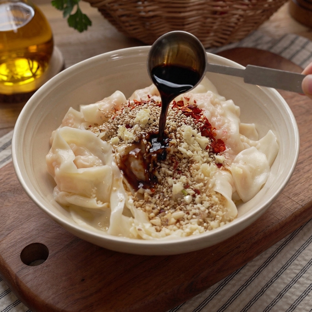 A bowl of noodles being seasoned with soy sauce and vinegar, topped with roasted peanuts and fresh green cilantro.