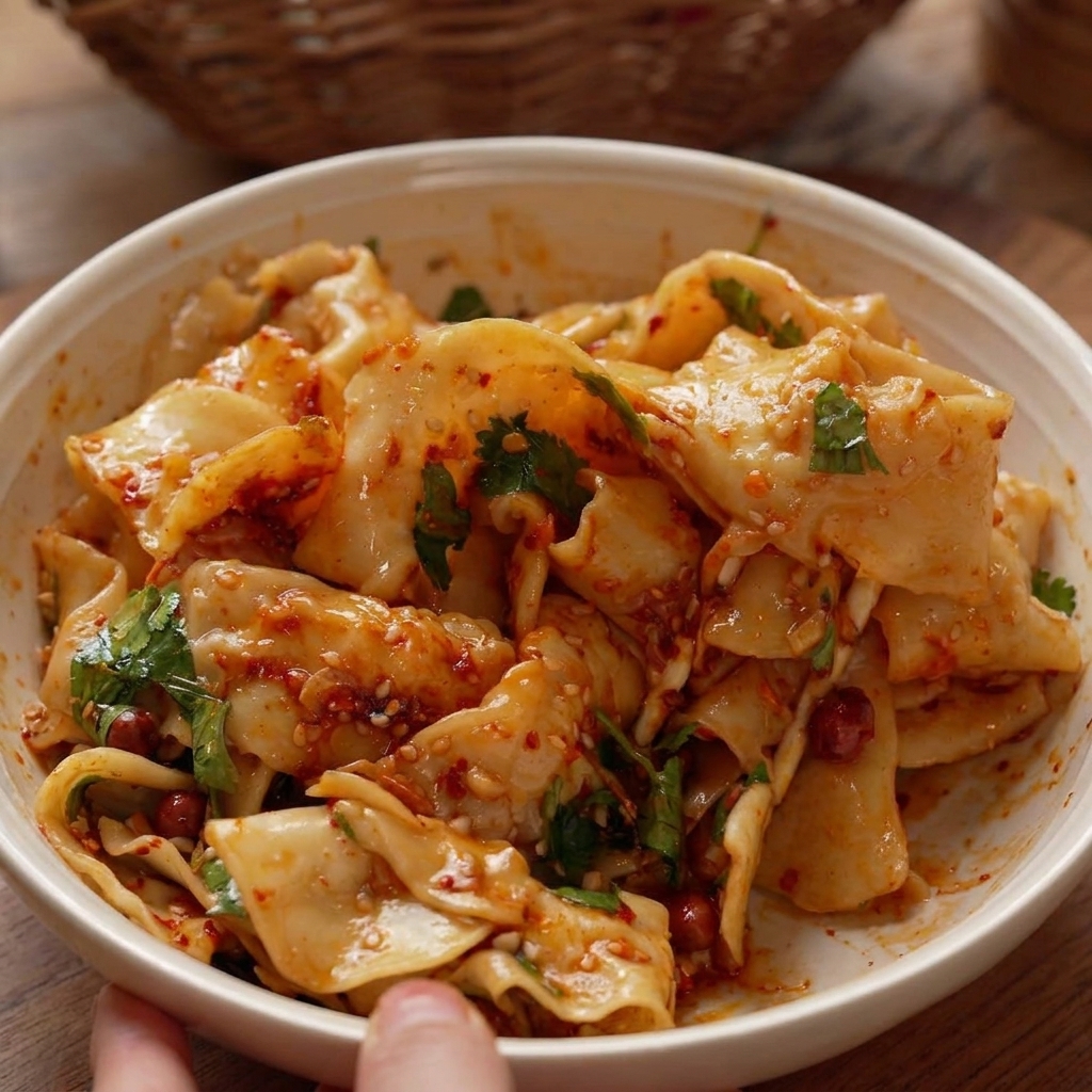 A bowl of wide shrimp paste noodles being mixed with chopsticks, showing the noodles fully coated in a spicy red sauce with visible peanuts and cilantro.