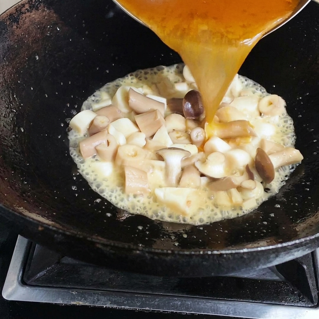 Golden shrimp broth being poured into a wok filled with sautéed mushrooms.
