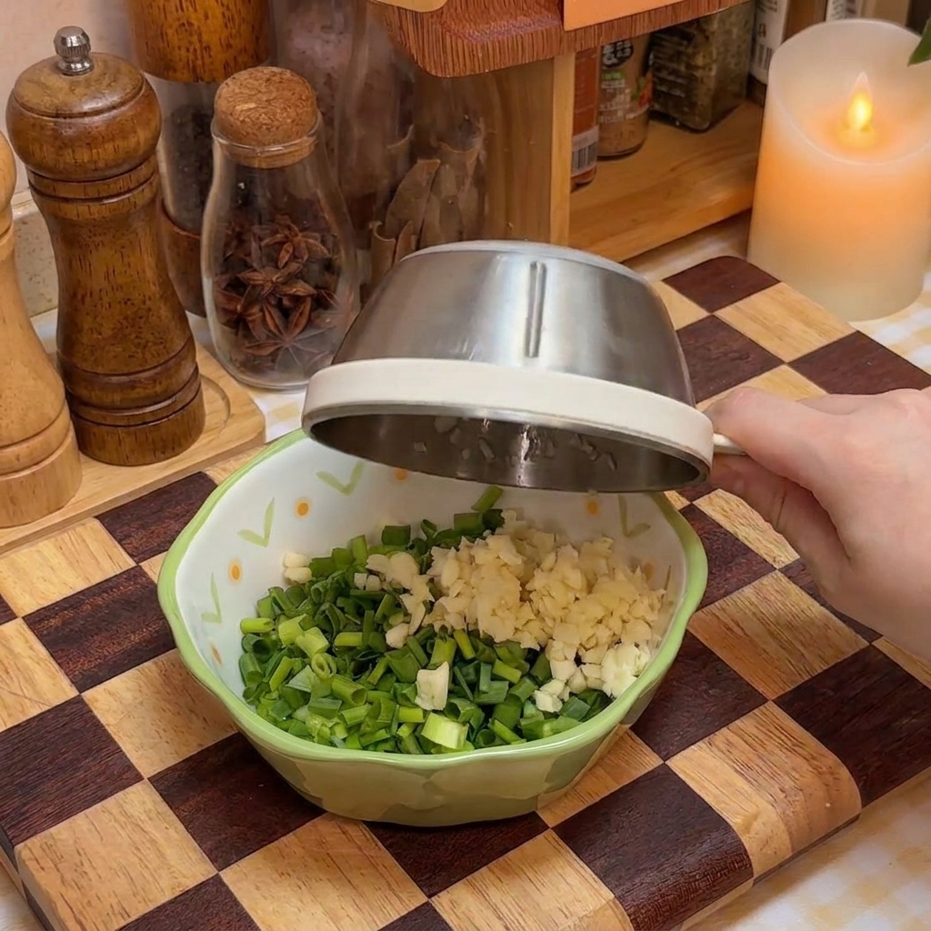 A small bowl containing a mixture of chopped scallions, garlic, and seasonings being prepared on a wooden cutting board.