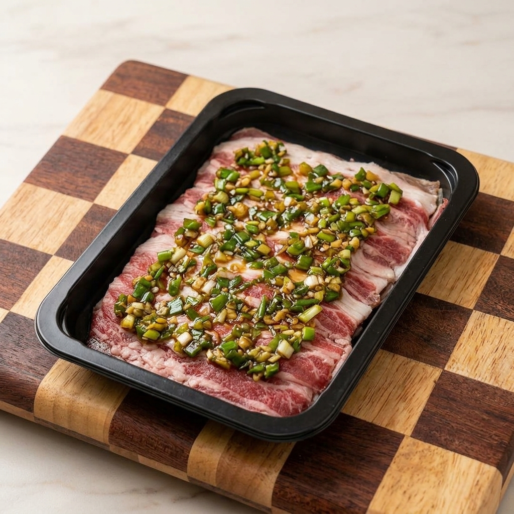Raw beef slices arranged in a black container, topped with a generous spread of the scallion and garlic marinade.