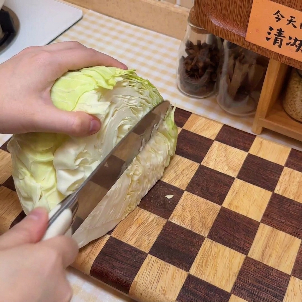 A head of cabbage being sliced on a checkered wooden cutting board.