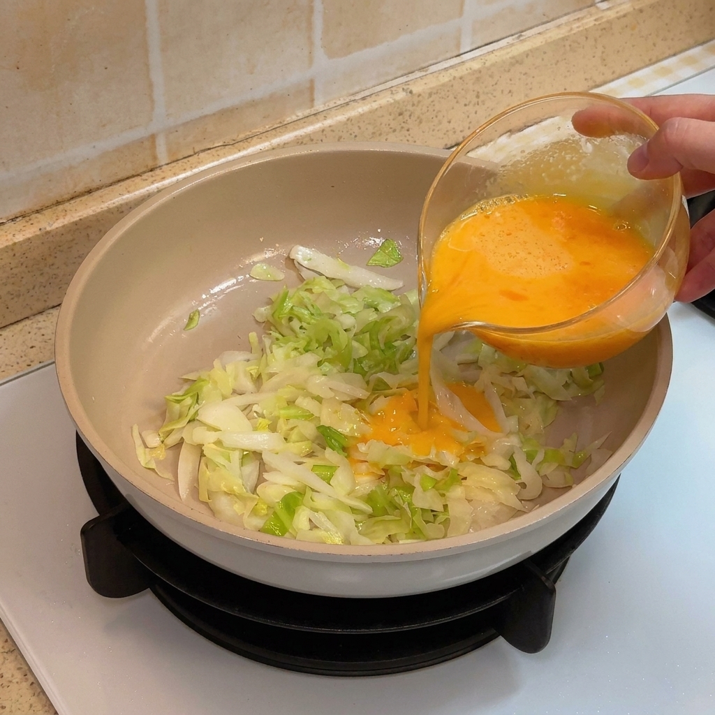 Eggs being poured over sauteed cabbage in a non stick pan.