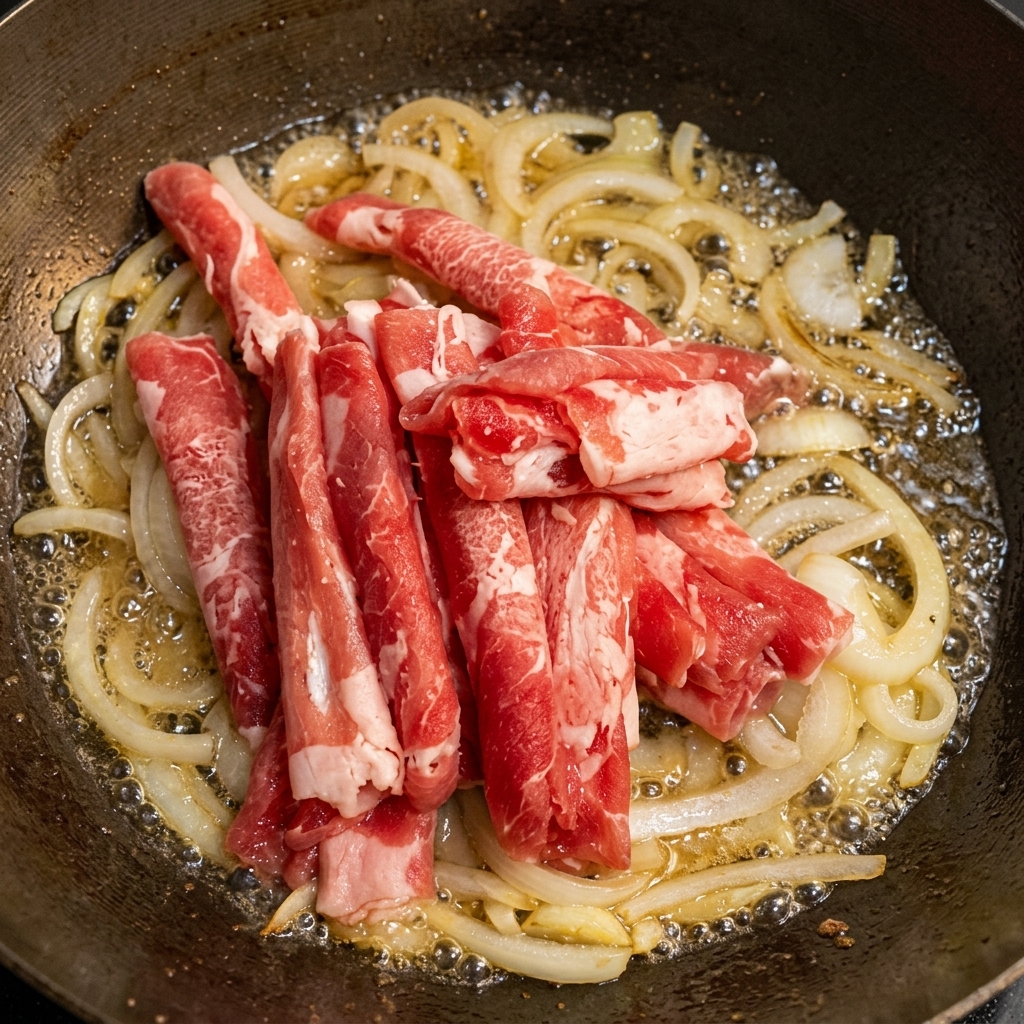 Thin beef slices browning in a pan with onions and simmering liquid.
