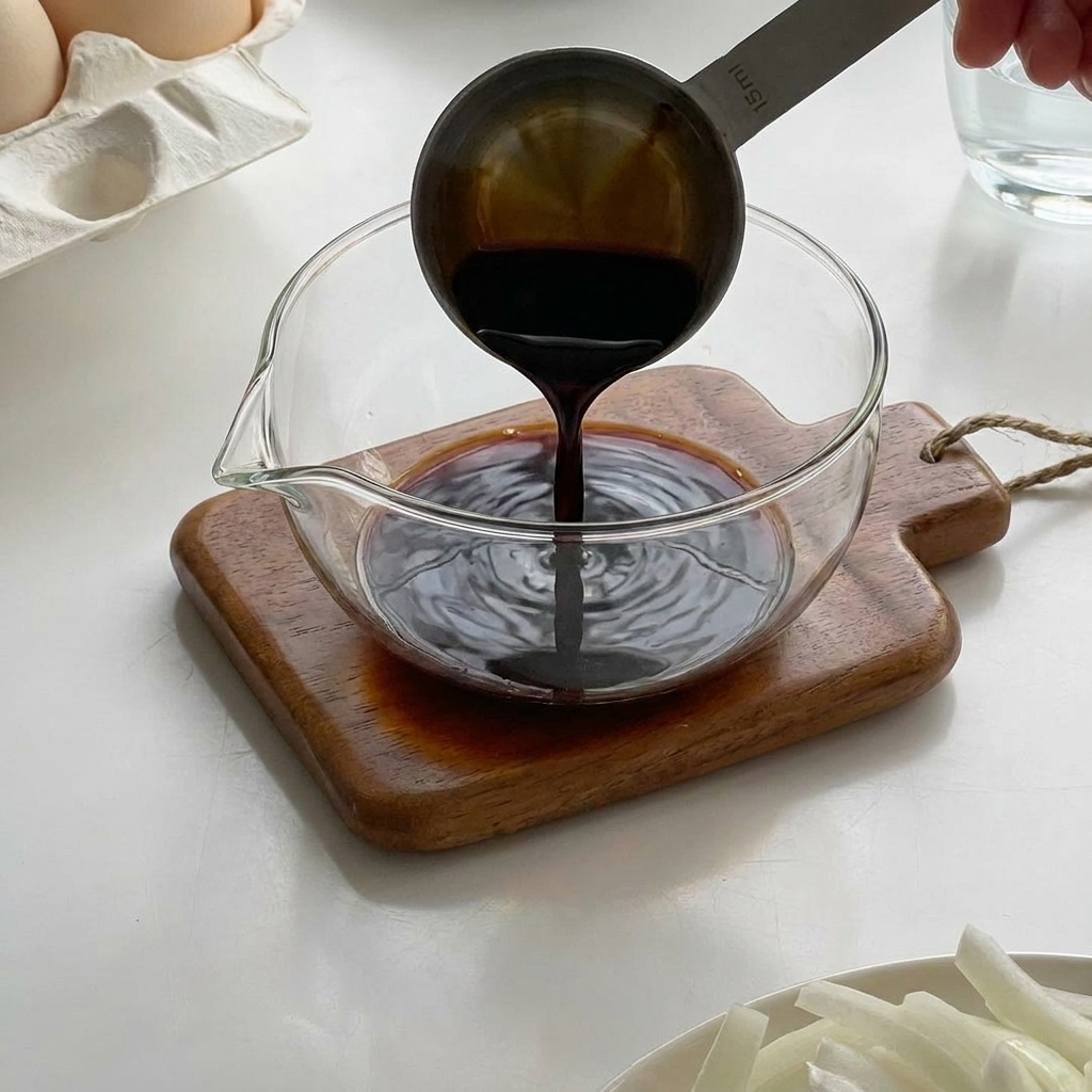 Dark sauce mixture being poured from a measuring spoon into a small clear glass bowl resting on a wooden coaster.