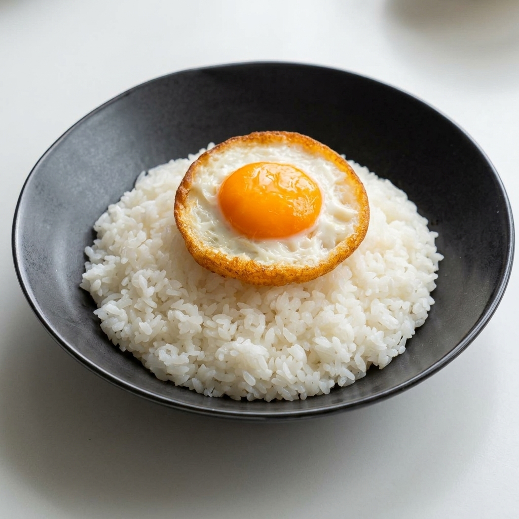 Cooked beef slices and onions artfully arranged over white rice around a central egg.