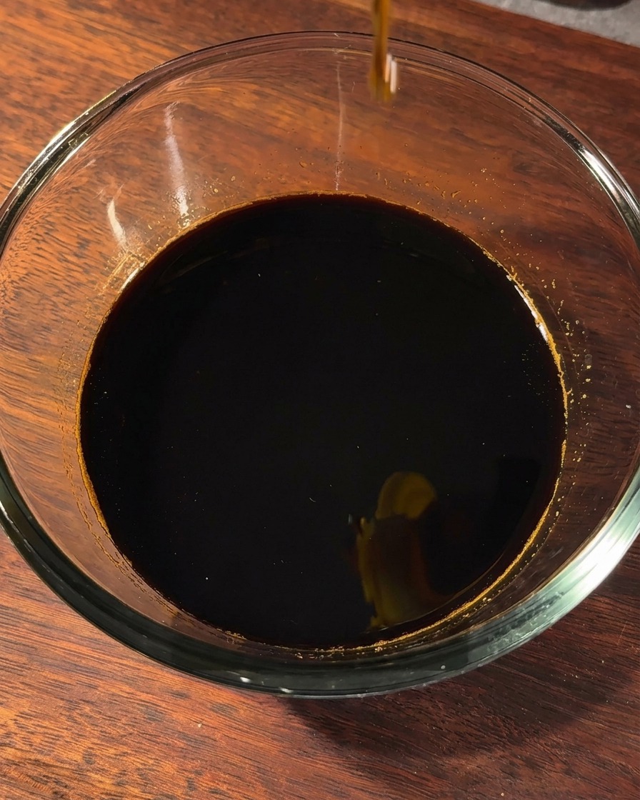 A glass bowl containing the dark sauce being seasoned with black pepper and sesame oil.