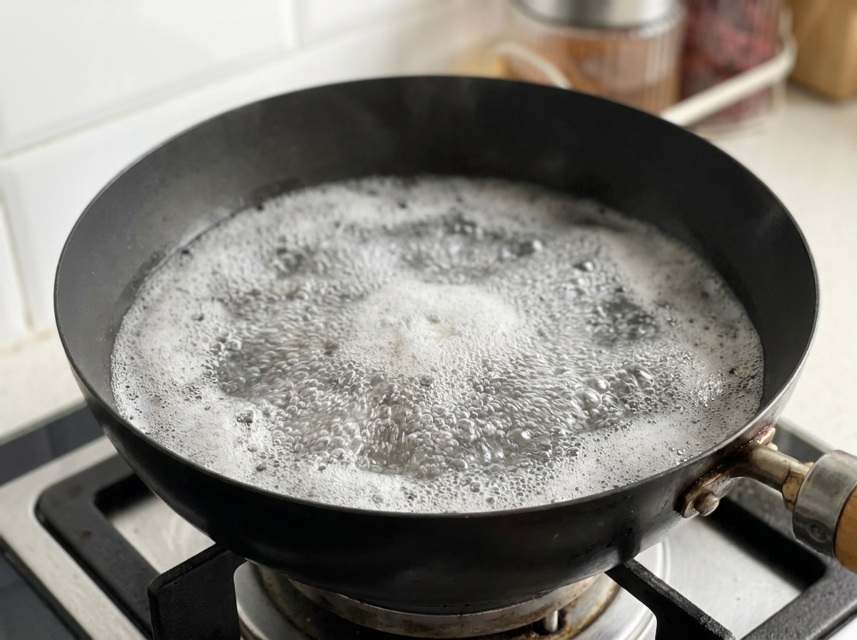 Thin beef slices boiling in a pot of water.